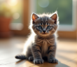 Chaton gris aux yeux bleus sur un sol en bois ensoleille