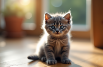 Chaton gris aux yeux bleus sur un sol en bois ensoleille