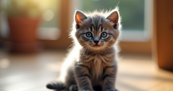 Chaton gris aux yeux bleus sur un sol en bois ensoleille