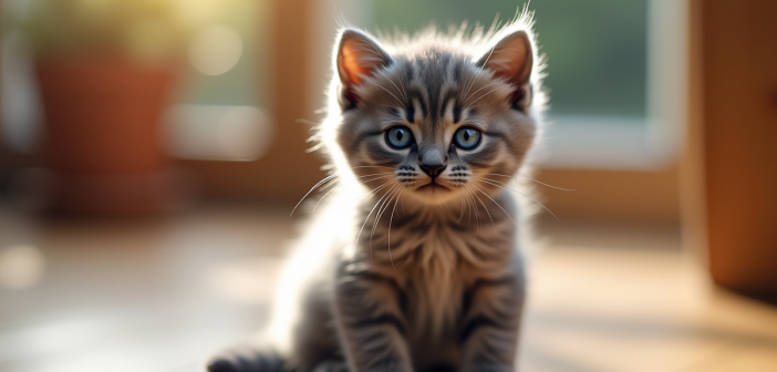 Chaton gris aux yeux bleus sur un sol en bois ensoleille