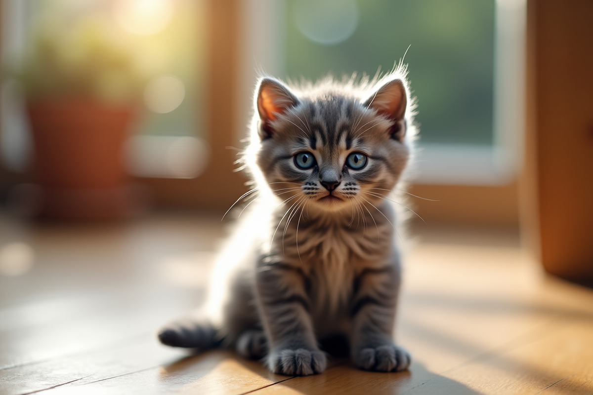Chaton gris aux yeux bleus sur un sol en bois ensoleille