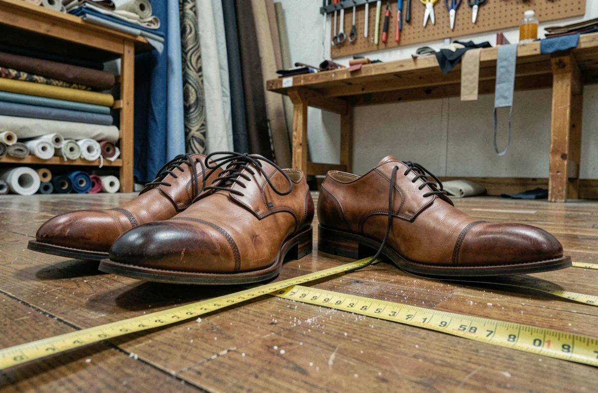Comparaison de pointures de chaussures géantes sur mesure avec une chaussure standard et un mètre ruban de tailleur