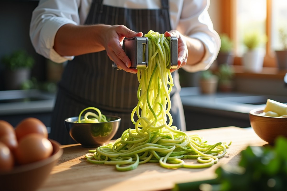 Chef utilisant un spiraliseur pour faire des rubans de courgette