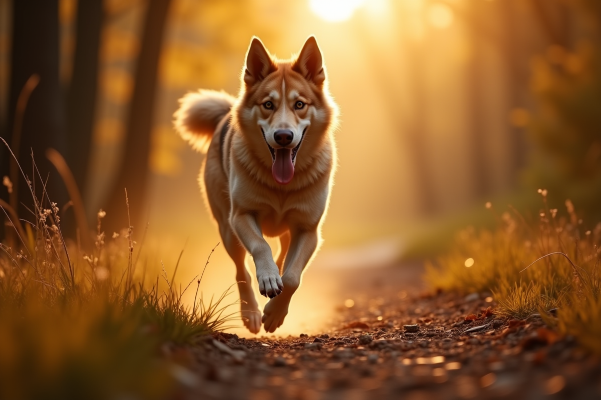 Chien berger husky courant sur un sentier forestier en fin de journee