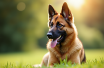 Chien berger allemand husky assis dans un parc ensoleille
