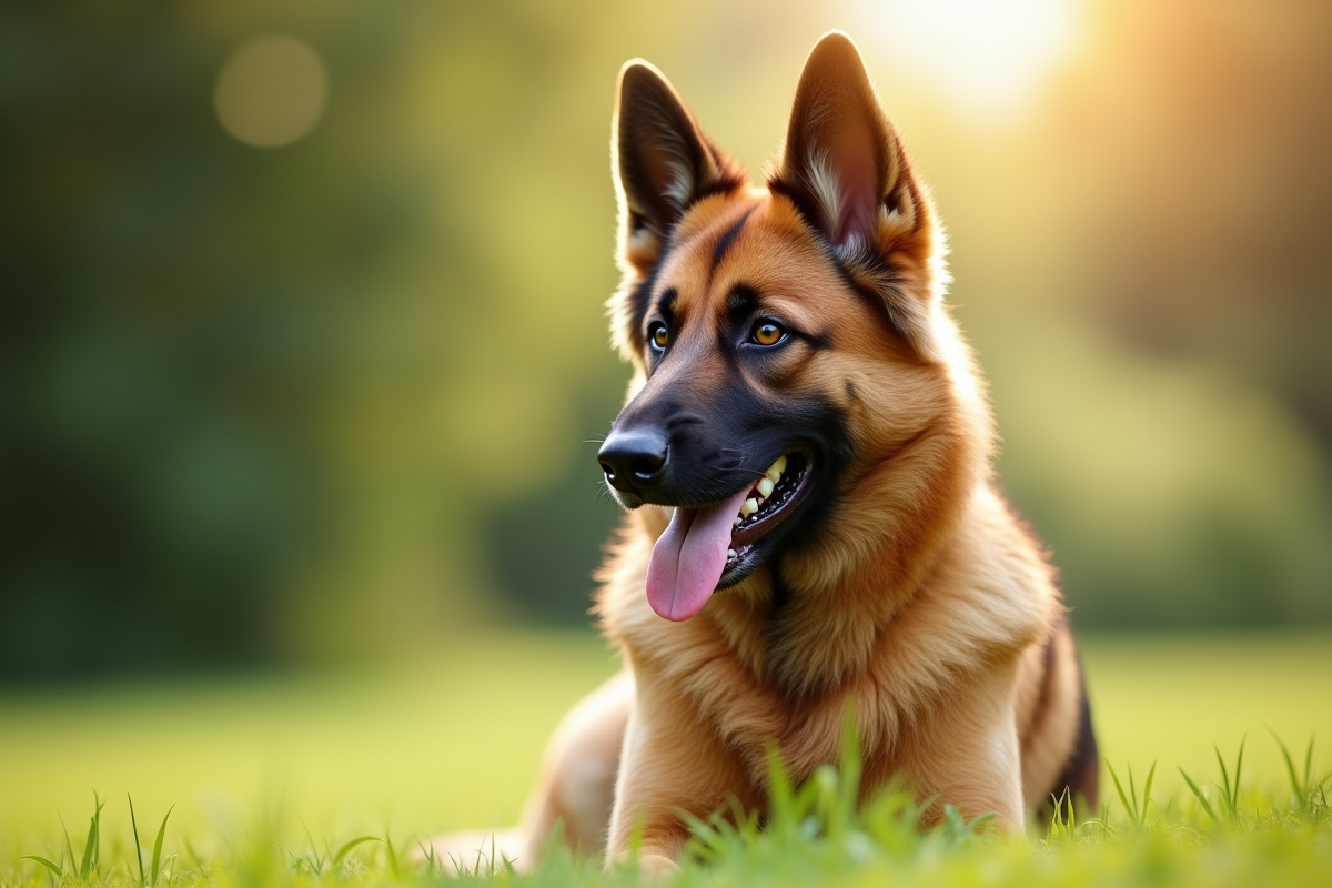 Chien berger allemand husky assis dans un parc ensoleille