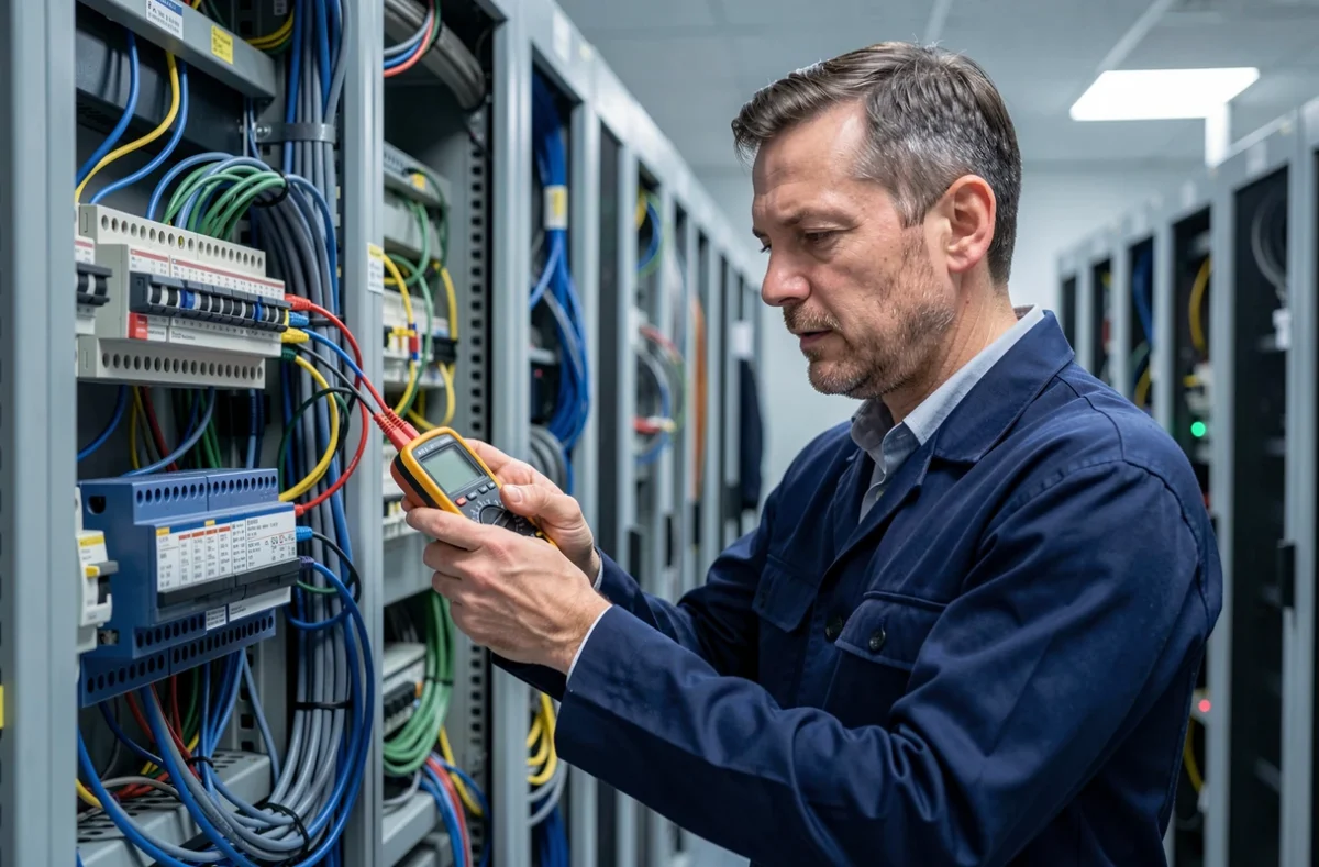 Électricien testant des câbles courants forts et faibles dans une salle serveur d'un immeuble de bureaux à Roubaix