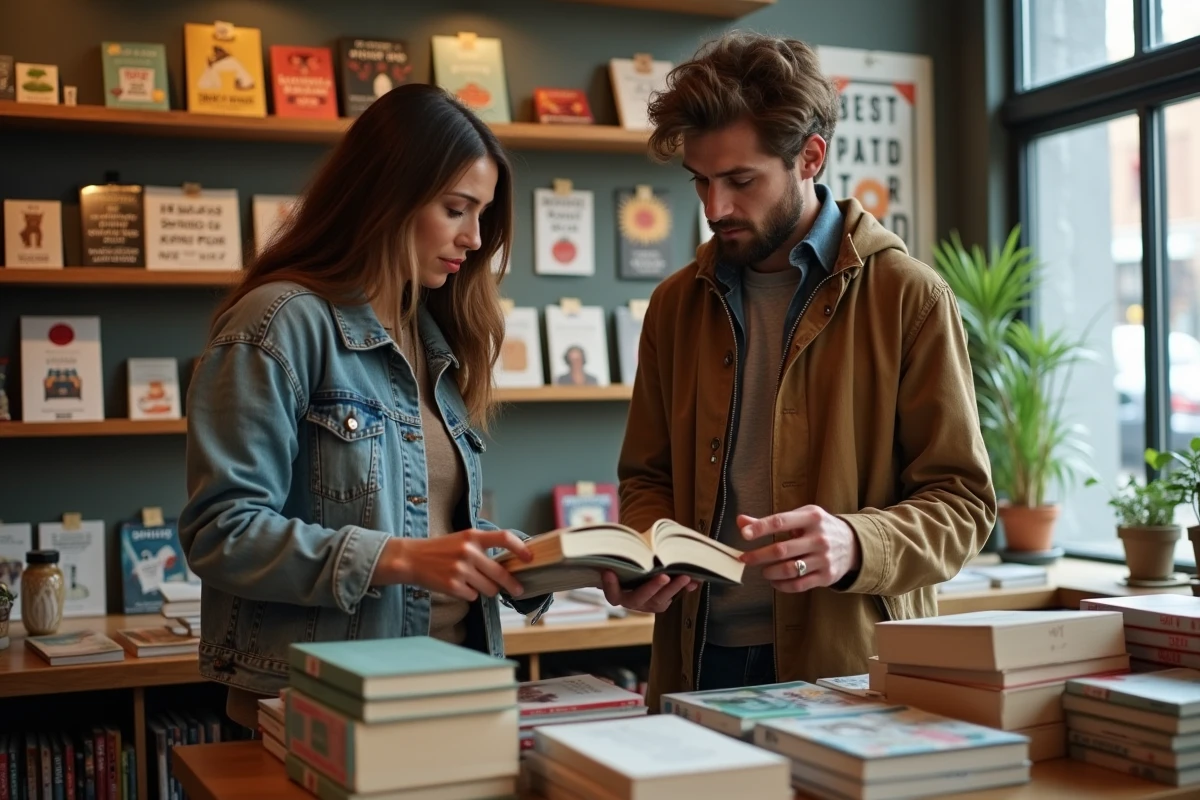 Deux clients feuilletant des livres brochés de petites maisons d'édition indépendantes dans une librairie de quartier