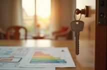 Clés suspendues devant une porte d appartement ensoleillée avec documents de location