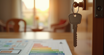 Clés suspendues devant une porte d appartement ensoleillée avec documents de location