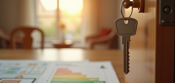 Clés suspendues devant une porte d appartement ensoleillée avec documents de location