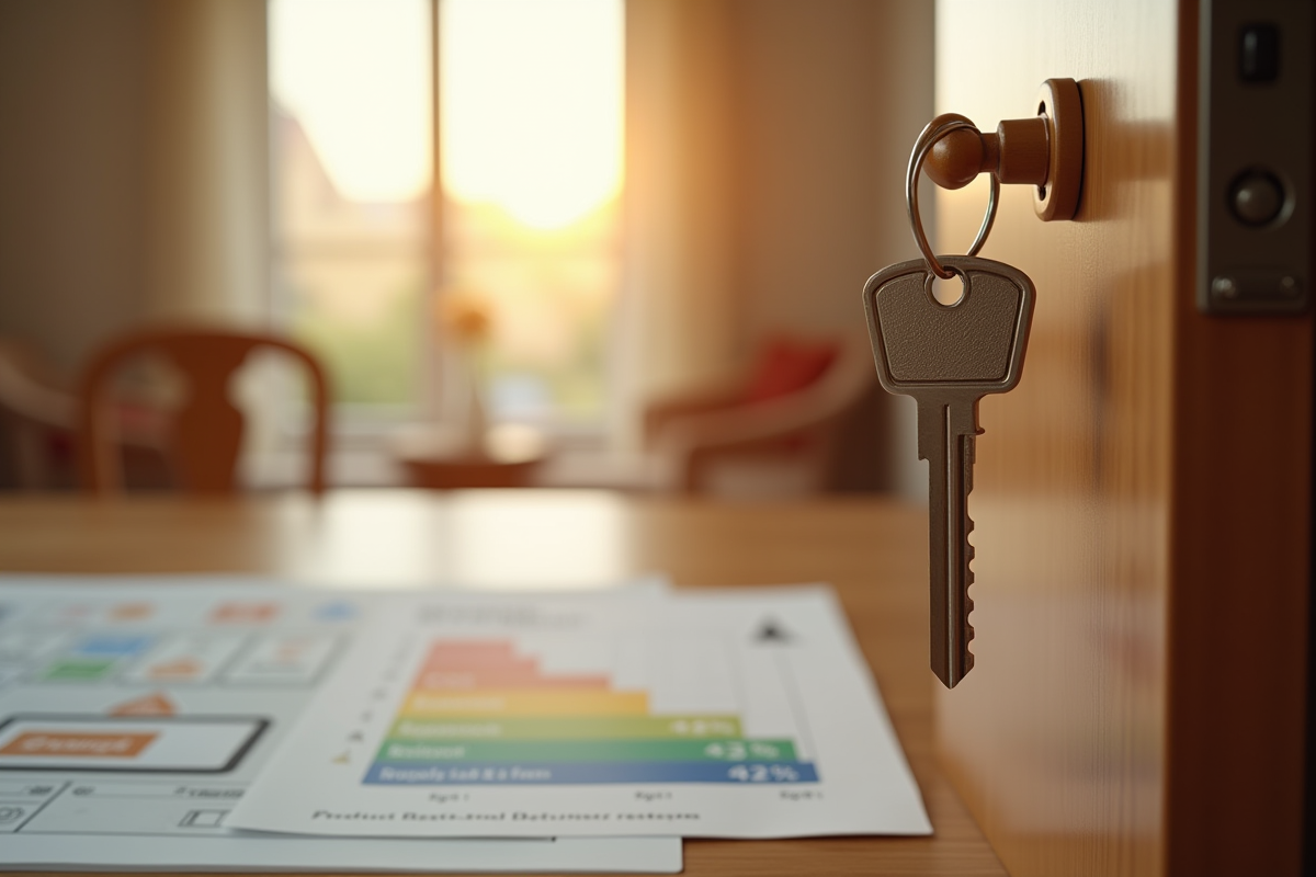 Clés suspendues devant une porte d appartement ensoleillée avec documents de location