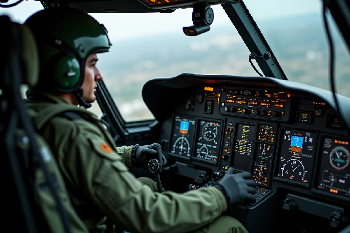 Cockpit intérieur d'un hélicoptère militaire Caracal H225M de l'armée française avec pilote aux commandes