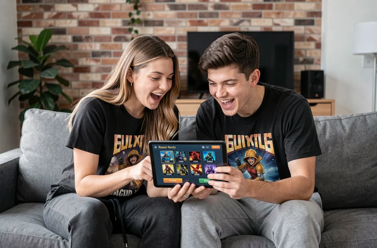 Deux jeunes adultes découvrant des codes et récompenses sur un jeu mobile de type Brawl Stars