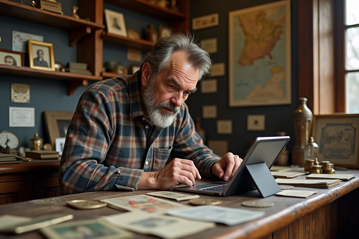 Collectionneur suivant ses enchères Delcampe sur tablette dans une boutique d'antiquités