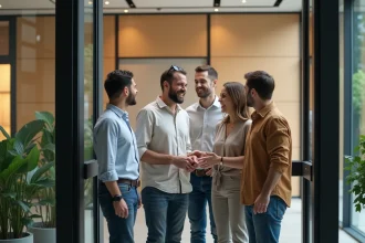 Collègues disant au revoir à un employé qui part en vacances près de l'entrée d'un bureau moderne
