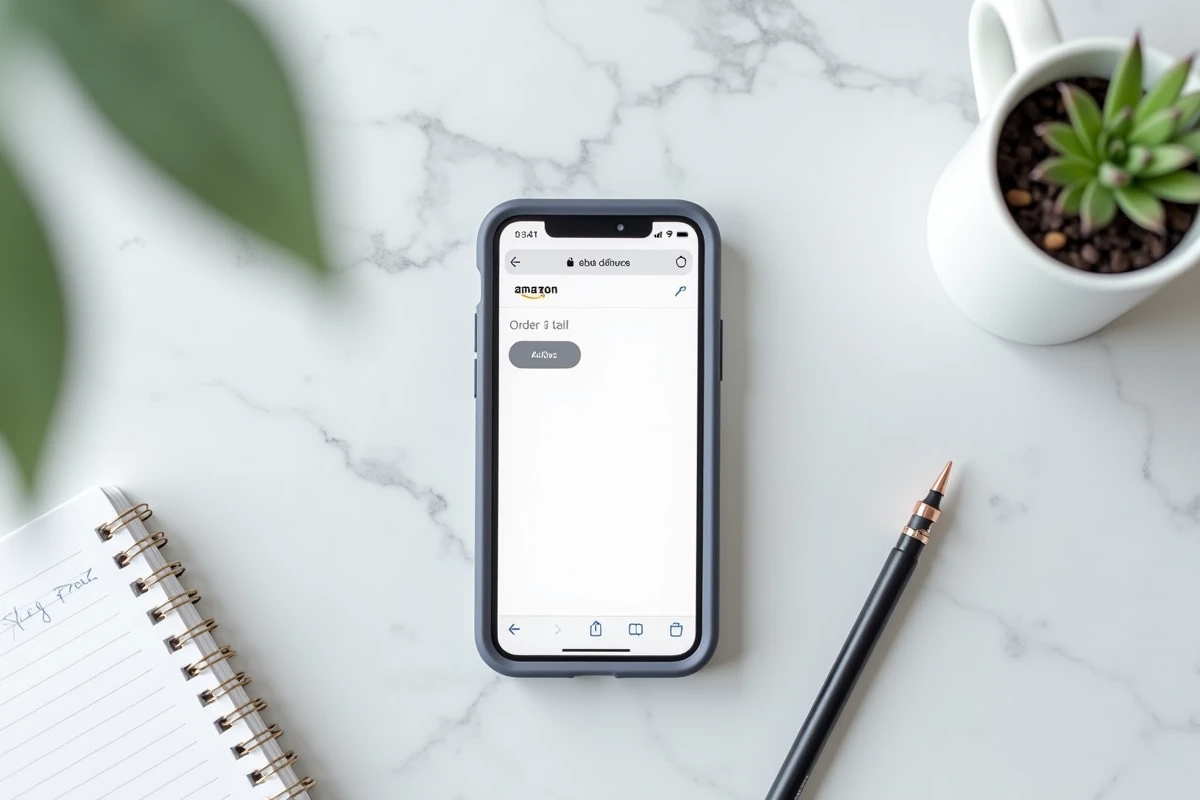 Vue du dessus d'un smartphone affichant une commande Amazon avec le bouton d'archivage grisé sur un bureau en marbre blanc