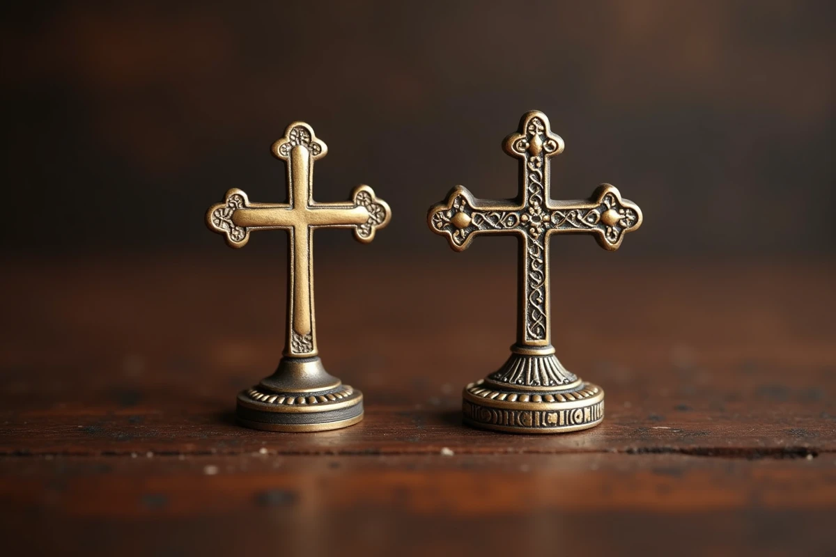 Comparaison entre une croix latine et une Croix de Lorraine en bronze sur une table en bois, différences symboliques chrétiennes