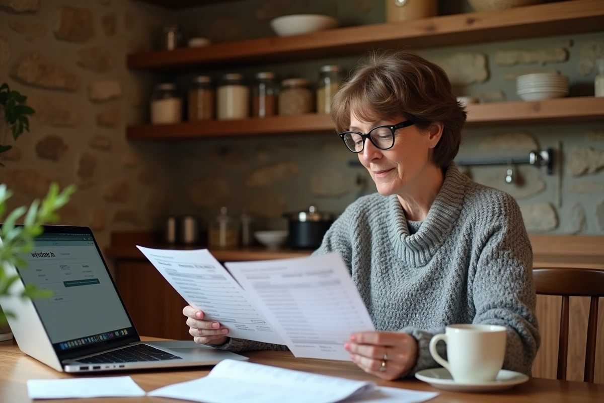 Femme comparant des factures de fioul domestique entre fournisseur local et grande enseigne sur une table de cuisine