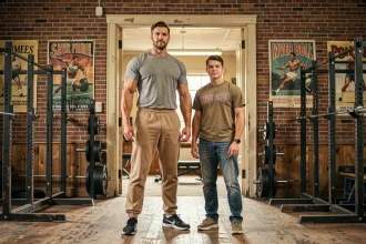 Comparaison de taille entre un homme très grand et un homme de taille moyenne dans un gymnase vintage des années 1980