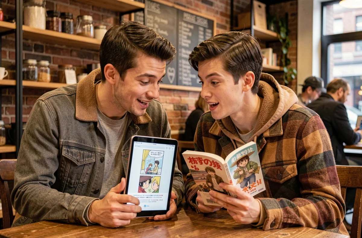 Deux amis comparant un webtoon sur tablette et un manga papier dans un café, illustrant les différences de formats proposés sur epsilonscan.fr