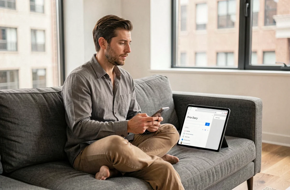 Homme consultant des paramètres de confidentialité sur tablette et smartphone dans un salon moderne
