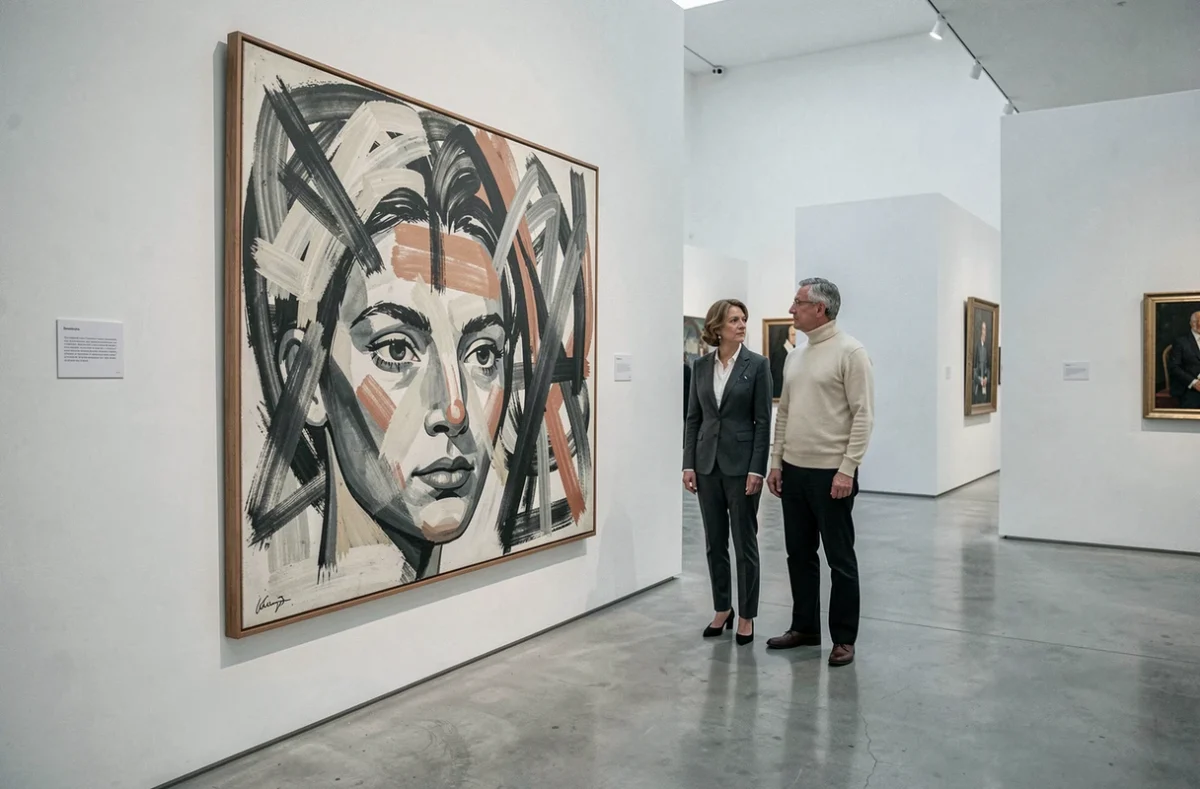 Conservateurs de musée examinant une peinture moderniste française dans une galerie d'art contemporain