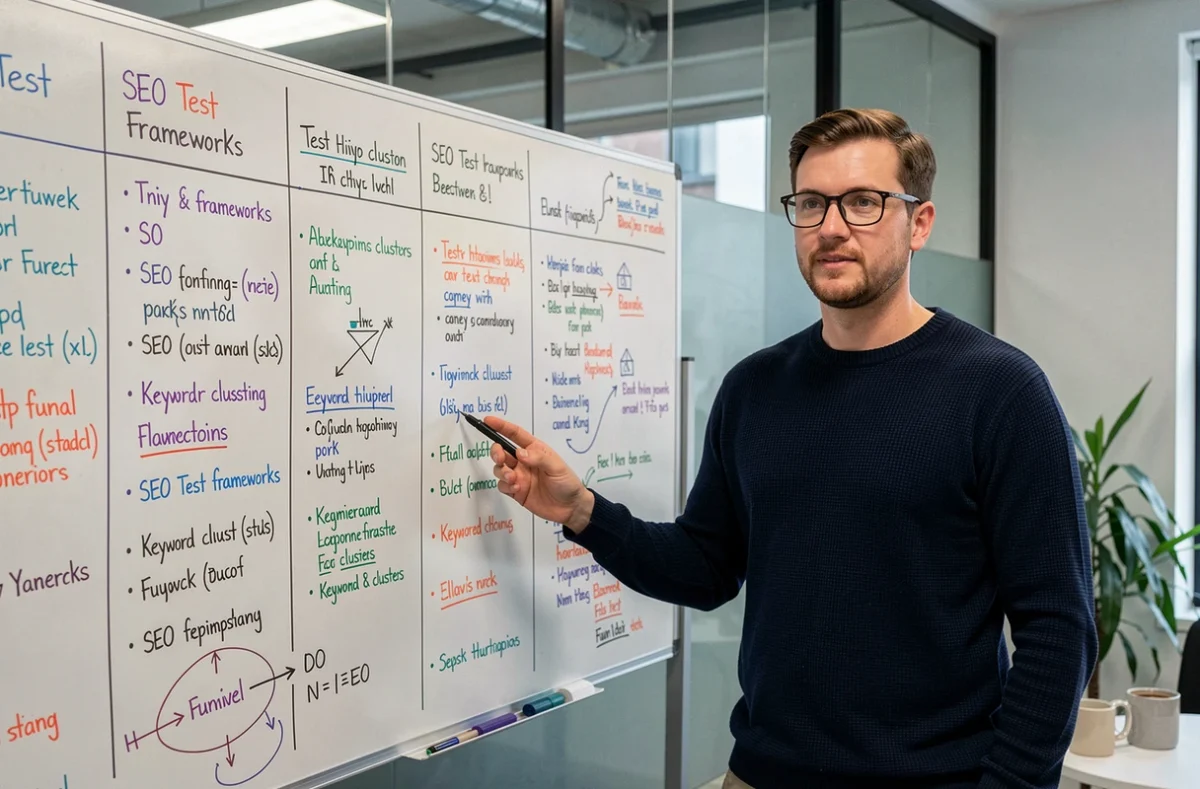 Consultant SEO présentant un cadre de test d'hypothèses sur un tableau blanc dans une salle de réunion d'agence