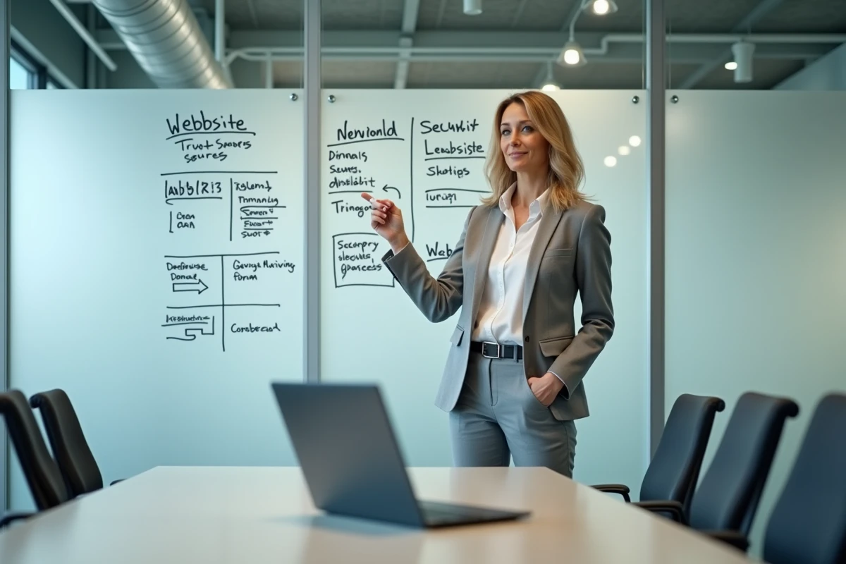 Consultante en cybersécurité présentant une analyse de fiabilité d'un site web devant un tableau blanc en salle de réunion