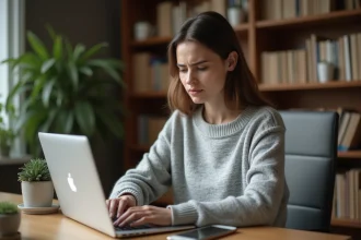 Jeune femme contactant le support client Vinted depuis son bureau à domicile avec un ordinateur portable et un smartphone