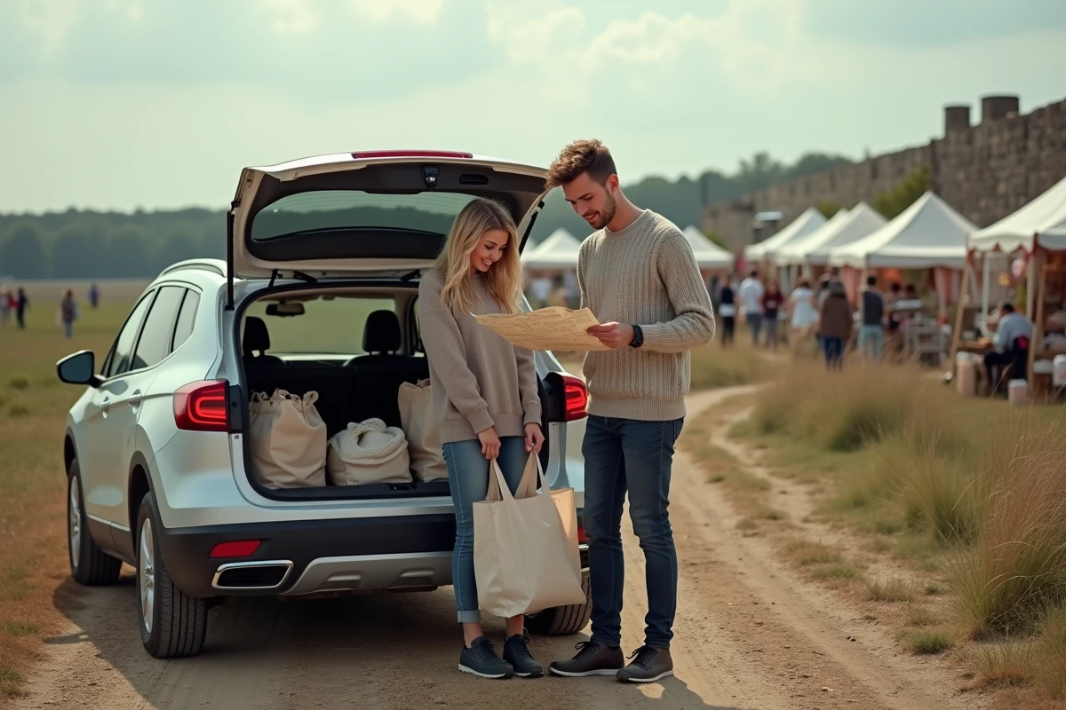 Jeune couple préparant leur marché en campagne