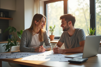 Jeune couple discutant finances avec plans maison et calculatrice