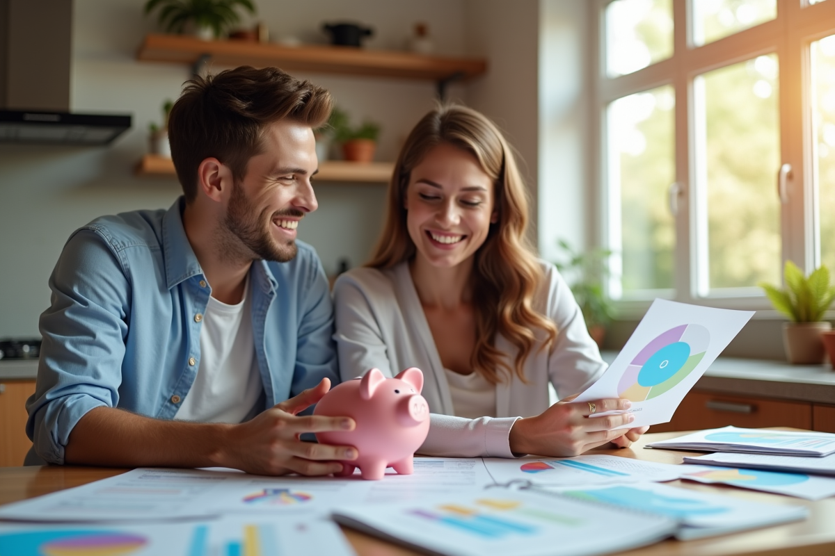 Jeune couple heureux avec documents d investissement à la maison
