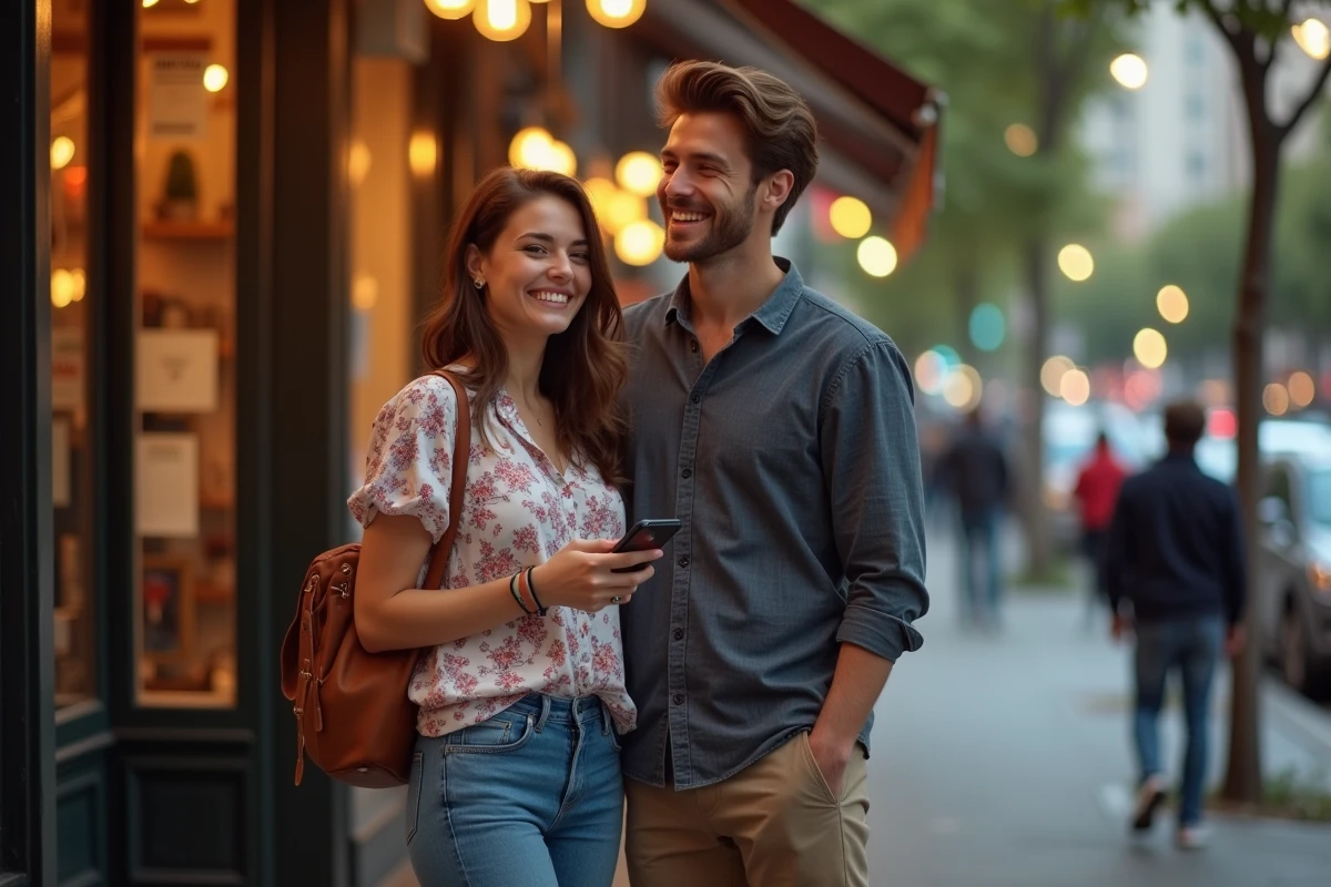 Couple se rencontrant pour la première fois en soirée devant un restaurant après s'être connus sur un tchat en ligne