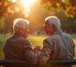 Couple senior assis sur un banc ensoleille dans un parc