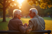 Couple senior assis sur un banc ensoleille dans un parc