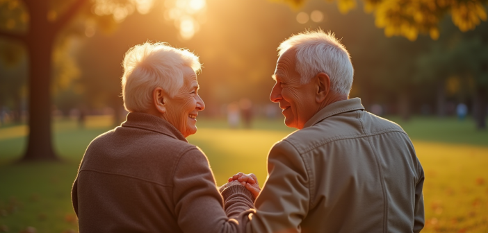 Couple senior assis sur un banc ensoleille dans un parc