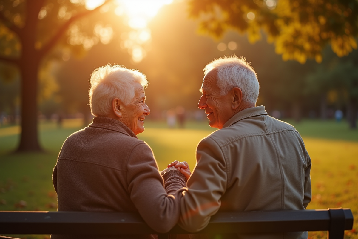 Couple senior assis sur un banc ensoleille dans un parc