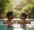 Couple relaxant dans un bain extérieur en pleine nature