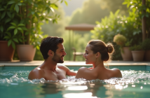 Couple relaxant dans un bain extérieur en pleine nature
