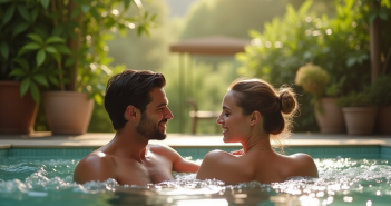 Couple relaxant dans un bain extérieur en pleine nature