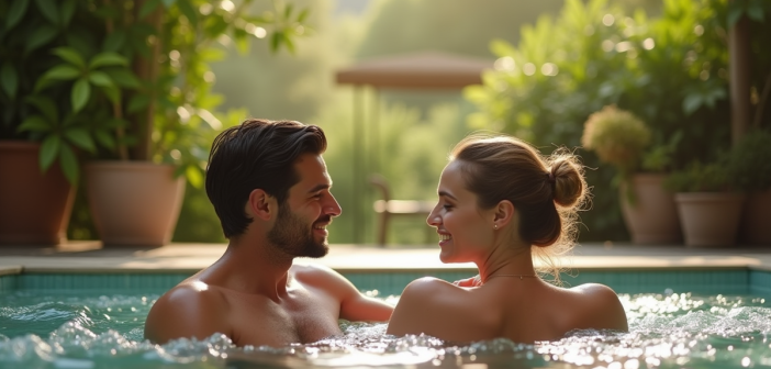 Couple relaxant dans un bain extérieur en pleine nature