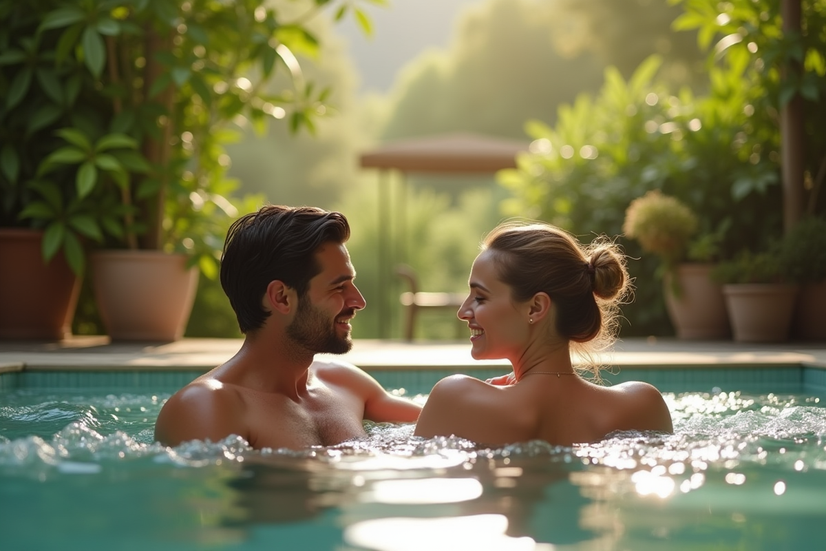 Couple relaxant dans un bain extérieur en pleine nature