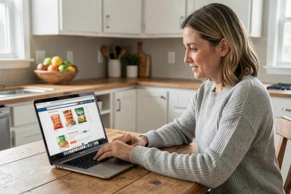 Femme utilisant un ordinateur portable pour faire ses courses en ligne sur Carrefour les Courses dans une cuisine moderne