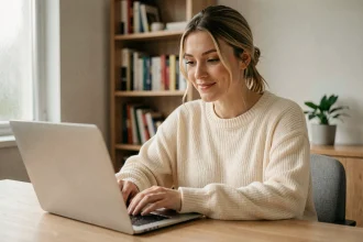 Jeune femme créatrice de contenu travaillant sur son ordinateur portable depuis son bureau à domicile pour publier son premier contenu en ligne