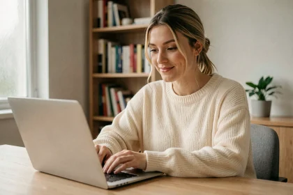 Jeune femme créatrice de contenu travaillant sur son ordinateur portable depuis son bureau à domicile pour publier son premier contenu en ligne