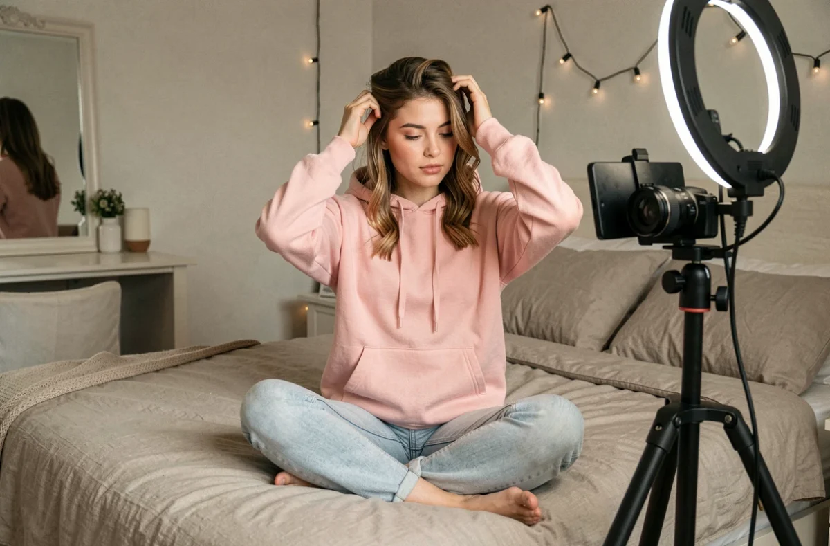 Jeune créatrice préparant son installation pour filmer son premier contenu dans sa chambre avec un ring light et une caméra