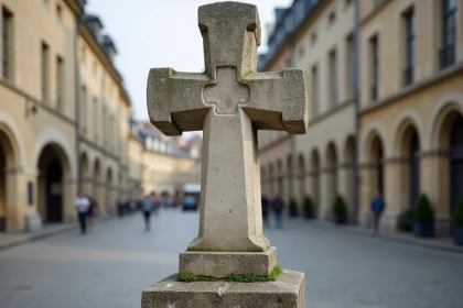 Croix de Lorraine en pierre ancienne dans une place historique française, symbole chrétien à double traverse