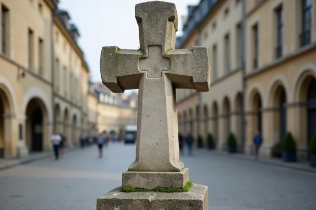 Croix de Lorraine en pierre ancienne dans une place historique française, symbole chrétien à double traverse