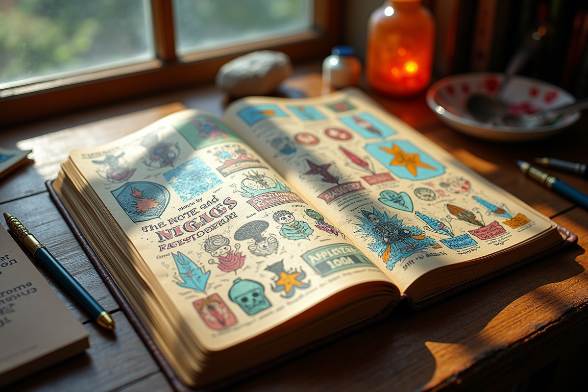 Carnet de croquis ouvert avec dessins fantastiques et symboles magiques